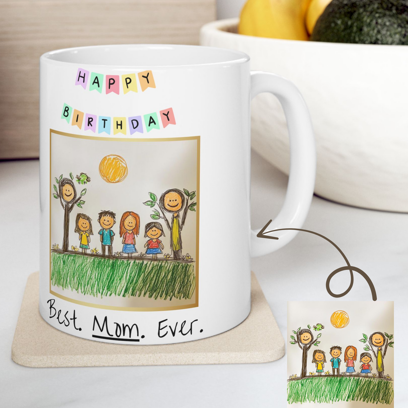 Happy Birthday Custom Childrens Photo Drawing, Framed, Mug, Mom Gift