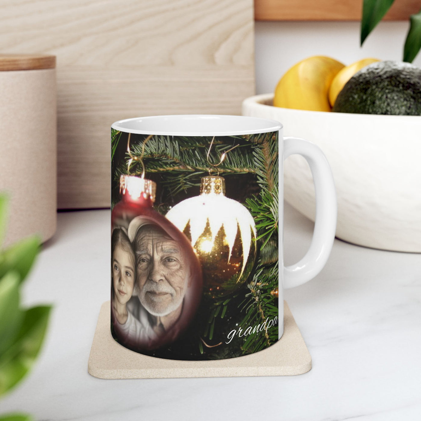 Photo Personalization Mug on Christmas Bulbs, Grandpa gift