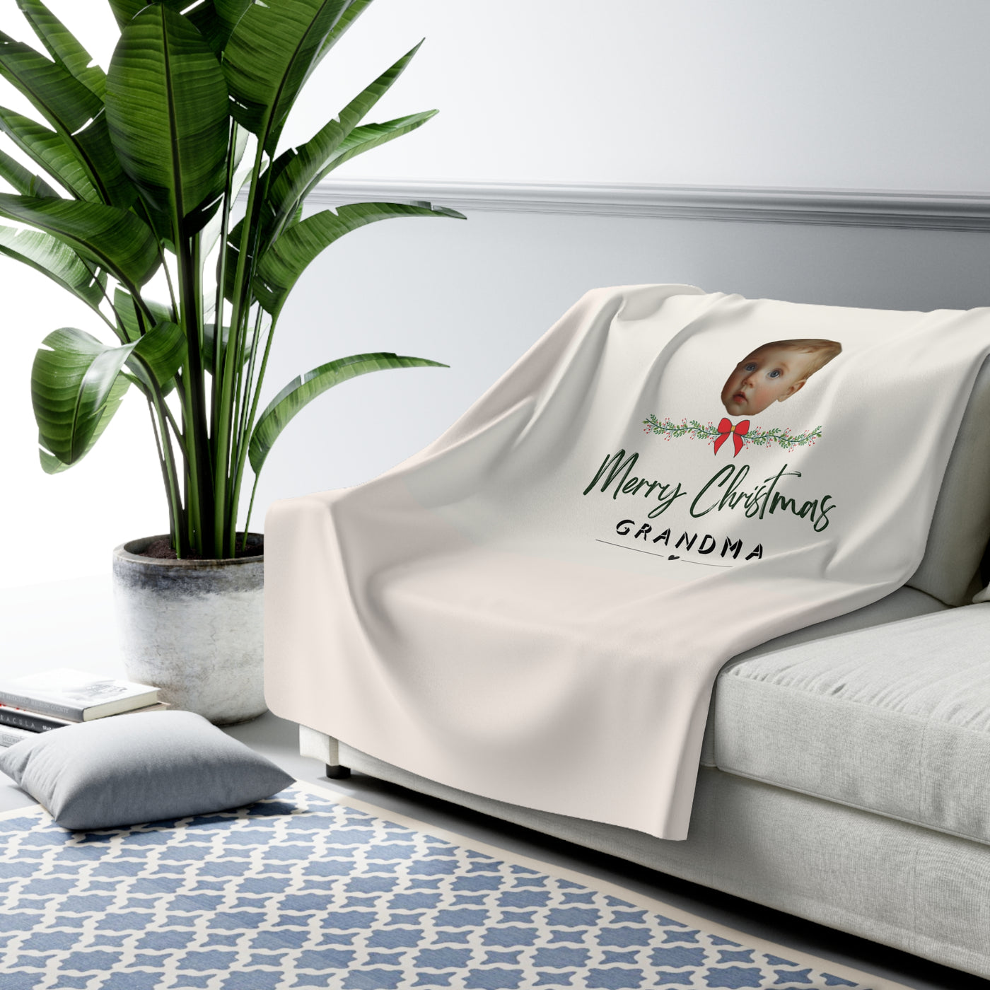 Personalized Photo Face Merry Christmas Grandma Fleece Blanket