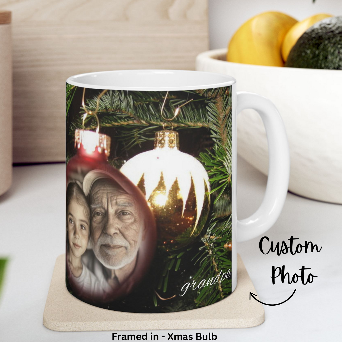 Photo Personalization Mug on Christmas Bulbs, Grandpa gift